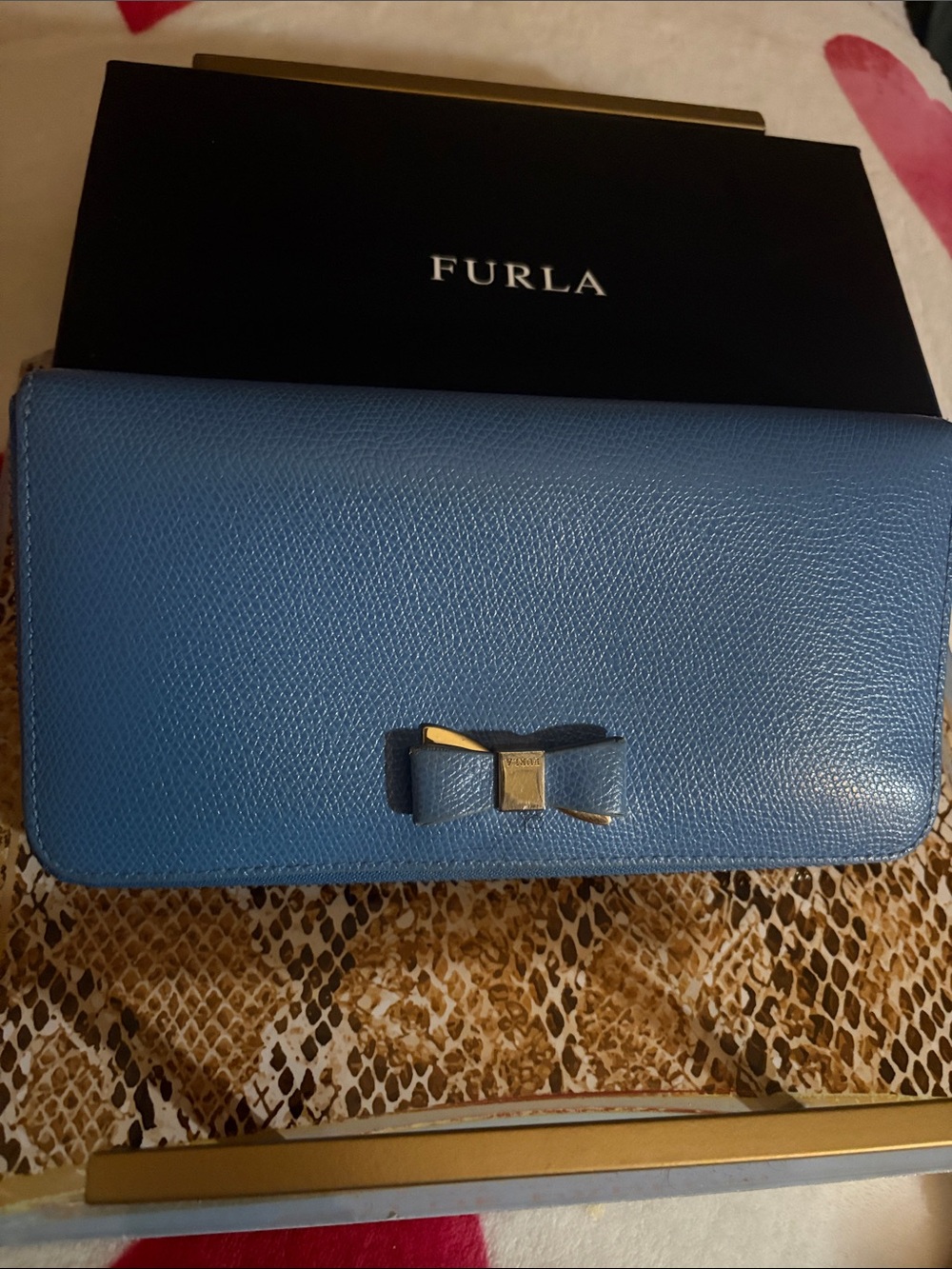 Furla Blue Leather Bow Continental Wallet with Gold Accent